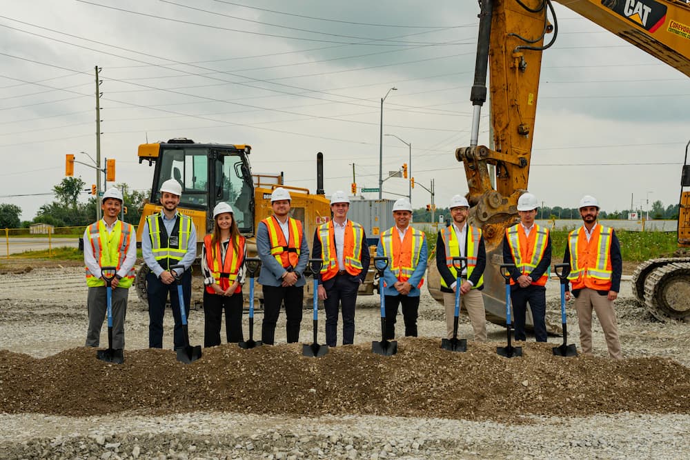 BOLT by Beedie groundbreaking: Viktor Kuzmanovski (Beedie), Joseph Cattana (CBRE), Kylie Rajic (CBRE), Jeff Hord (CBRE), David Karstadt (Beedie), Elliot Altberg (Beedie), Fraser McKenna (CBRE), Artur Darchiev (Beedie) and Steven Conte (Beedie).