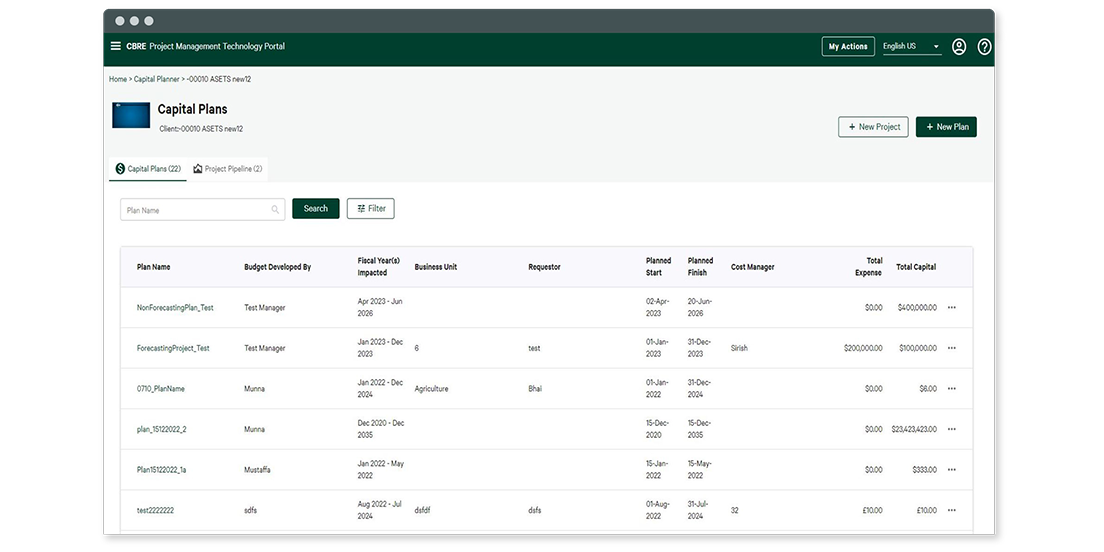 Screenshot of CBRE Capital Planner's client dashboard