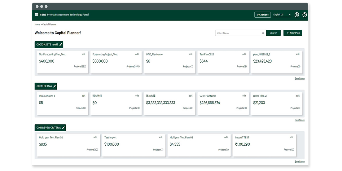 Screenshot of CBRE Capital Planner's landing dashboard