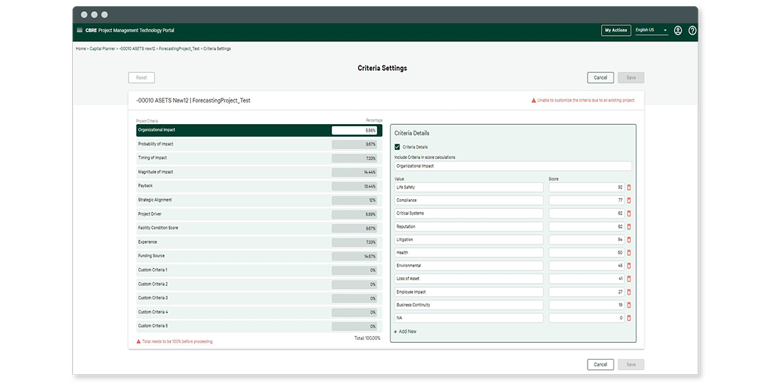 Screenshot of CBRE Capital Planner's prioritization criteria dashboard