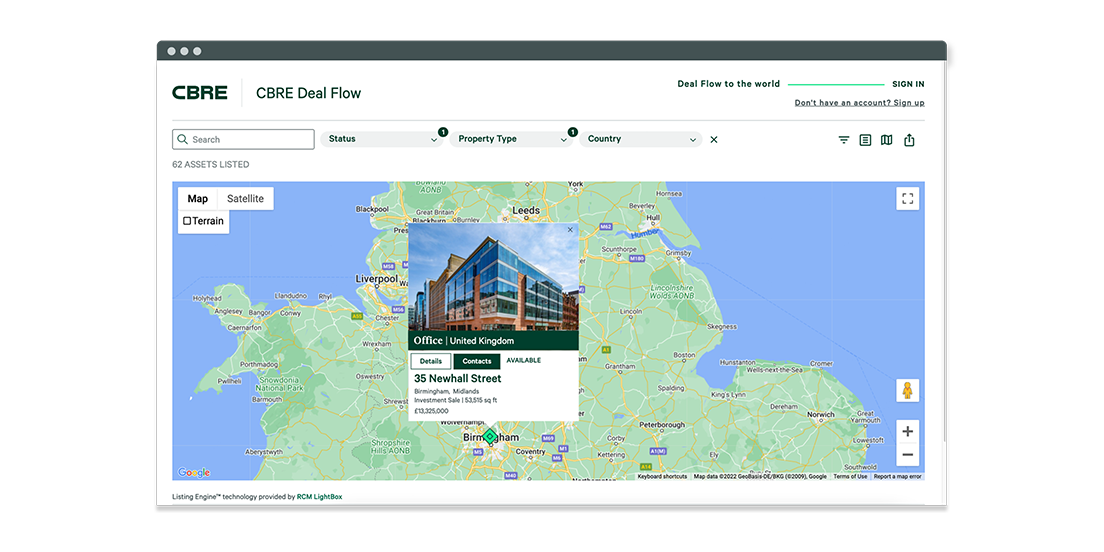 CBRE Deal Flow map with active listings