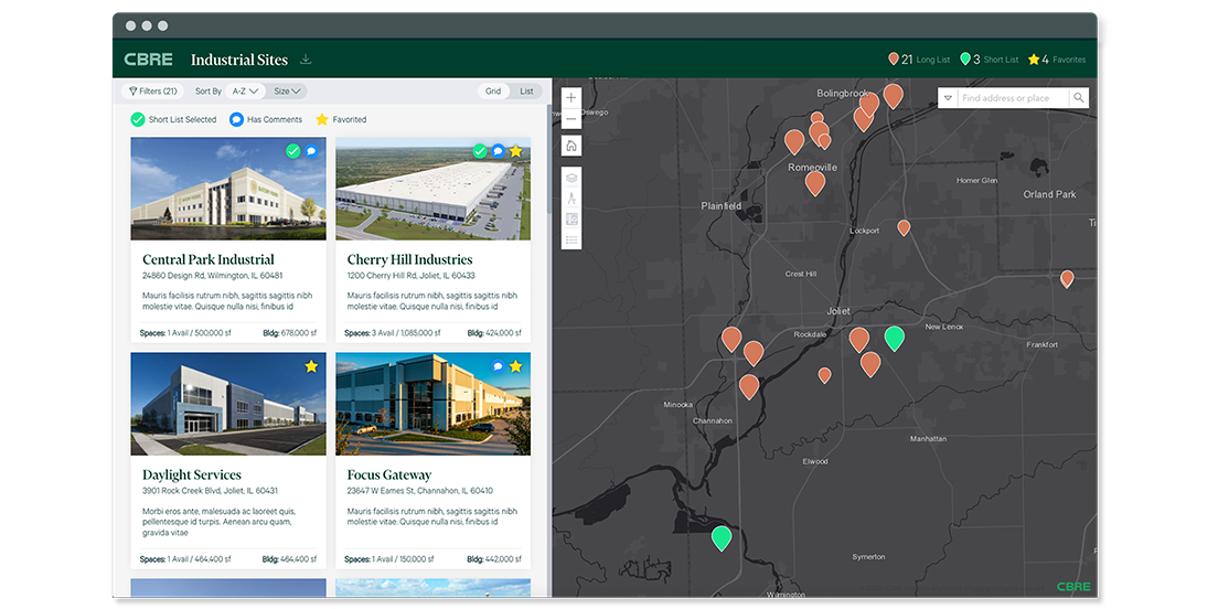 CBRE Dimension Industrial Sites product dashboard