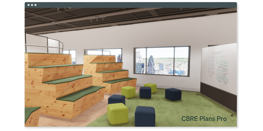 CBRE PlansPro office meeting room with stadium-style seating