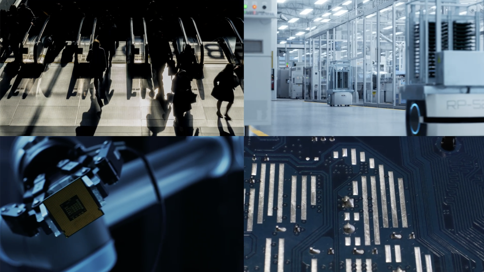 Tiles of people walking through turnstiles, interior of a data center, a robot arm holding a computer chip, and a circuit board