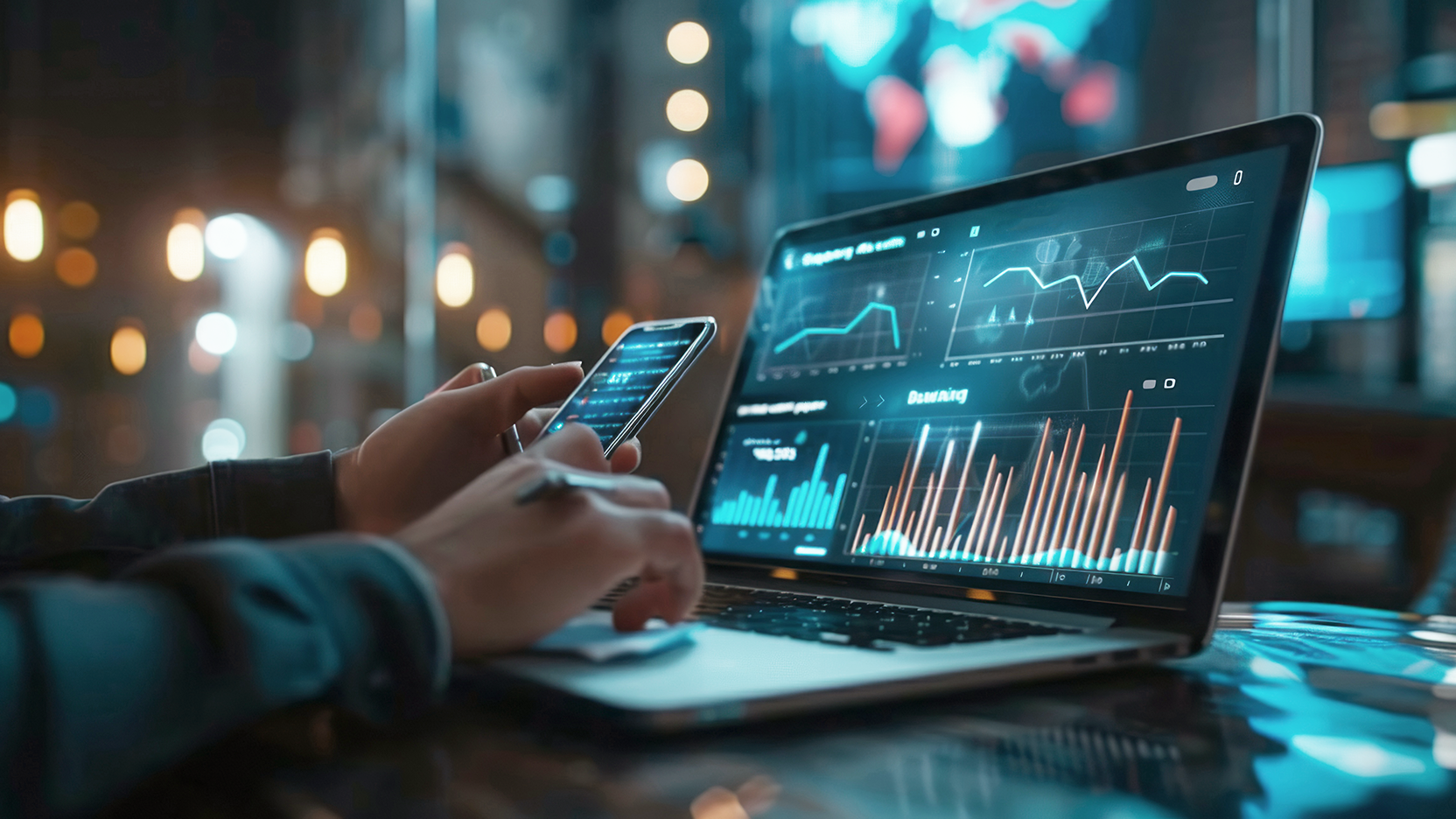 A person looking at data dashboards on a smartphone and laptop