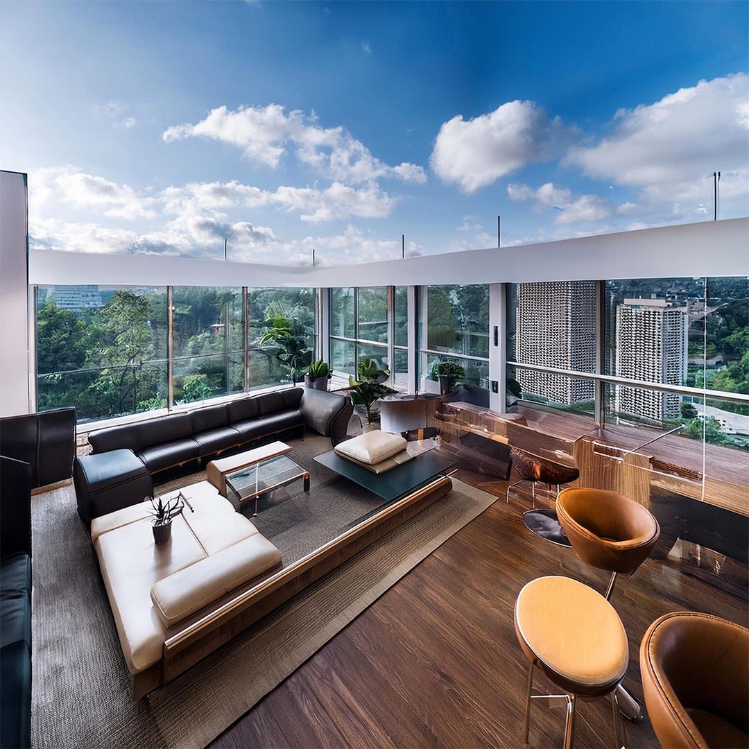 Modern living room with large windows, leather sofas, and city view.