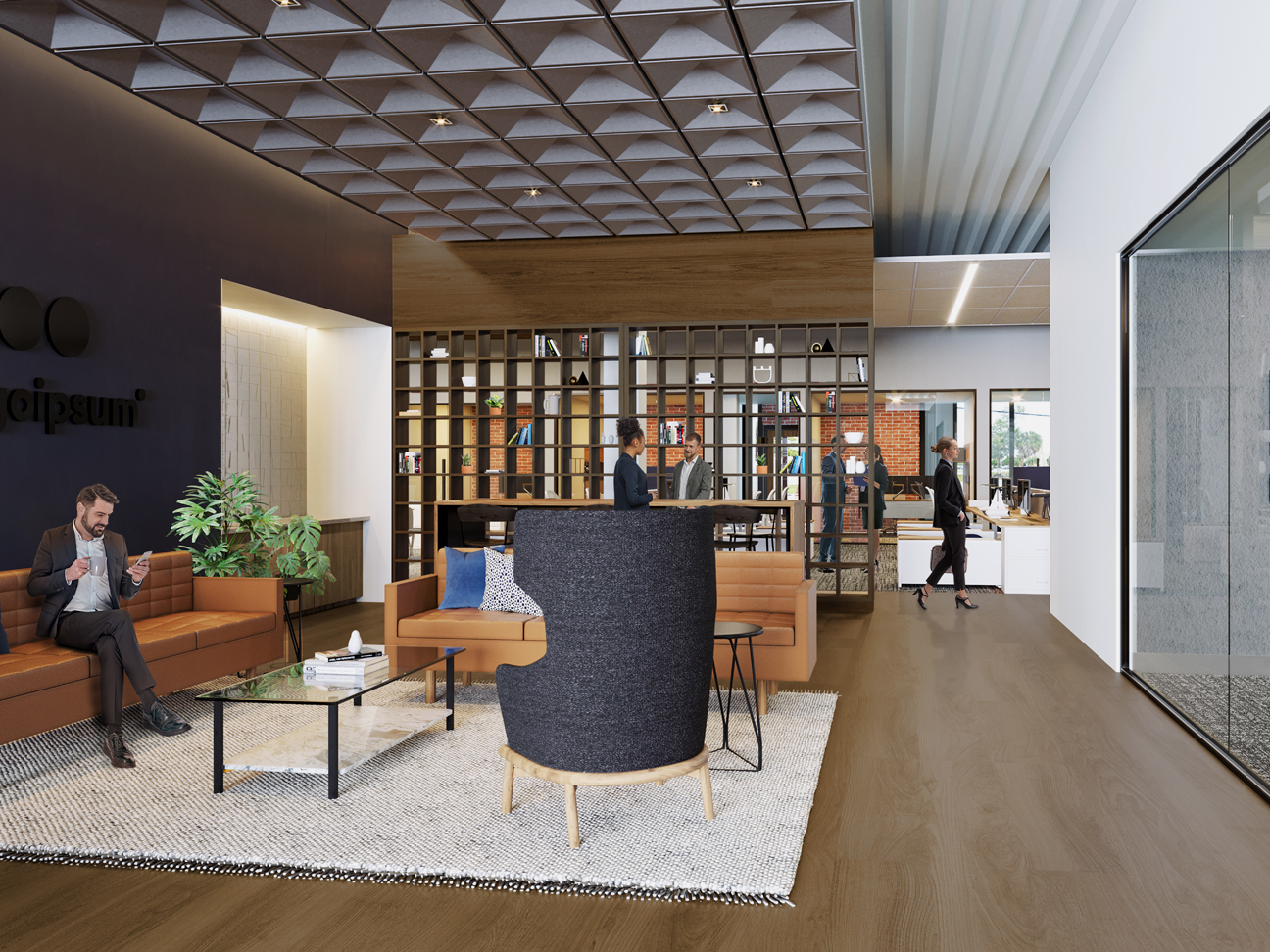 People in an office lobby