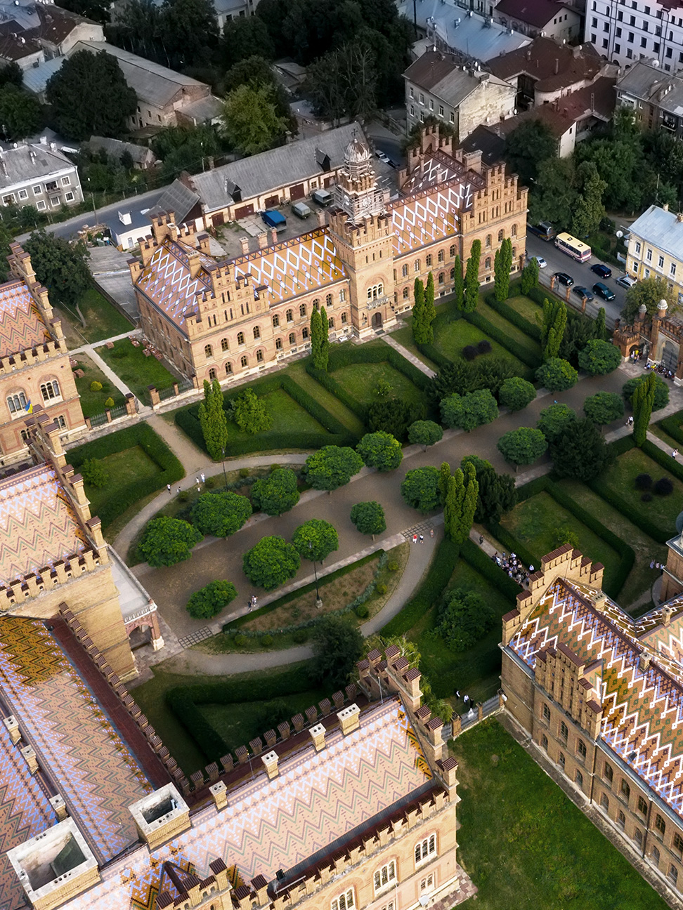 aerial view of college campus courtyard