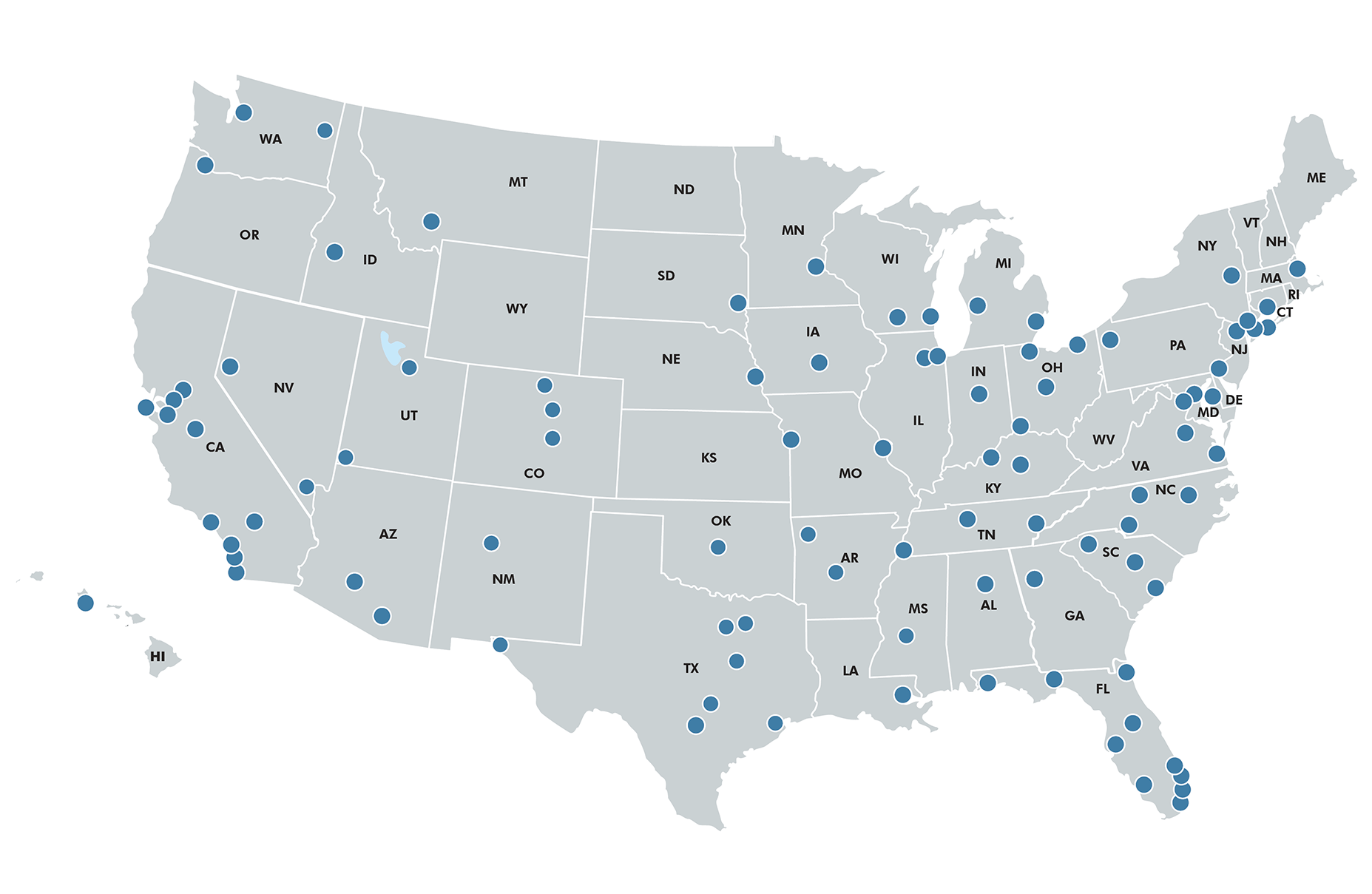 Map of locations of CBRE offices in the United States