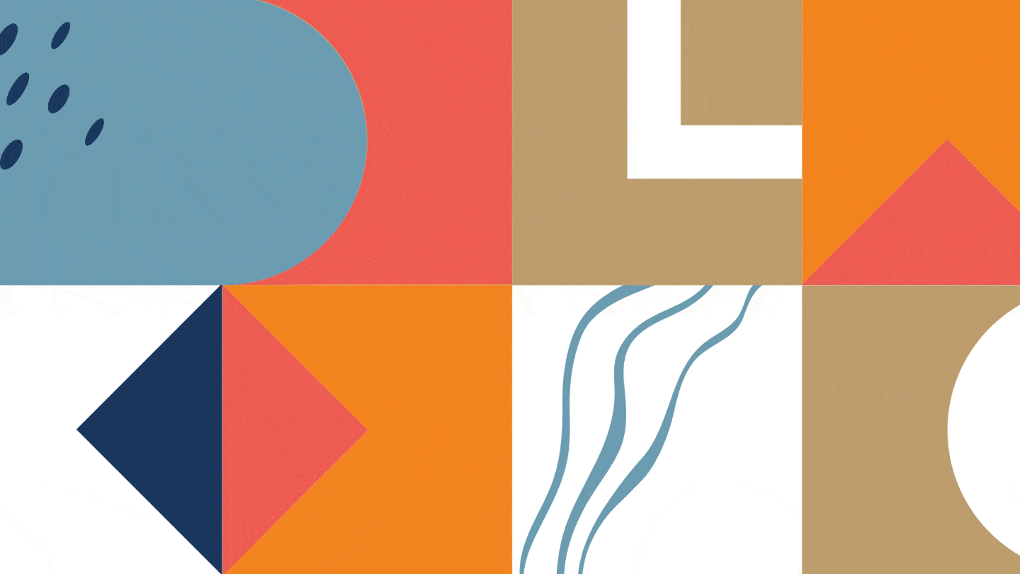 Abstract geometric shapes in blue, orange, red, and beige.