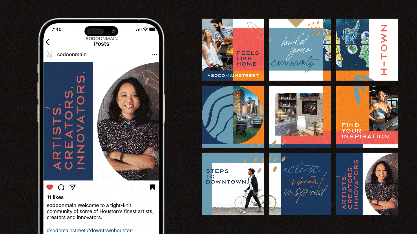 Social media grid showcasing vibrant community lifestyle for SoDo Main Street development.