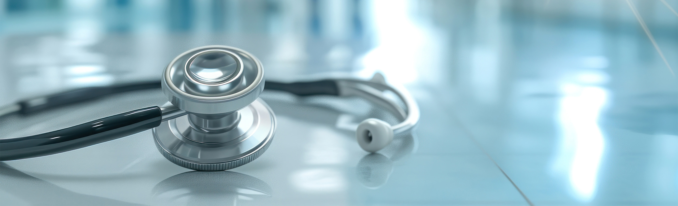 Stethoscope on a reflective blue surface.