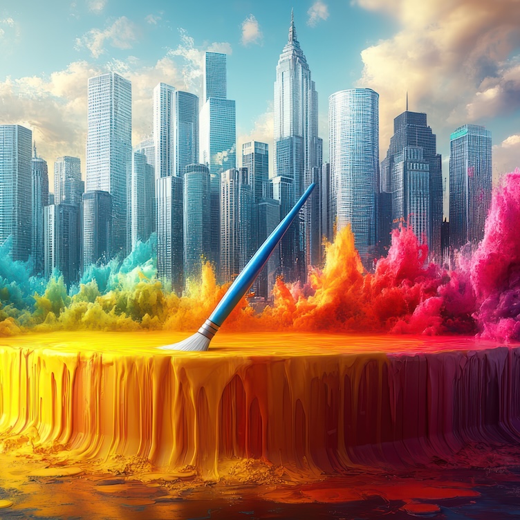 Paintbrush creating rainbow waves of color beneath NYC skyline with Empire State Building