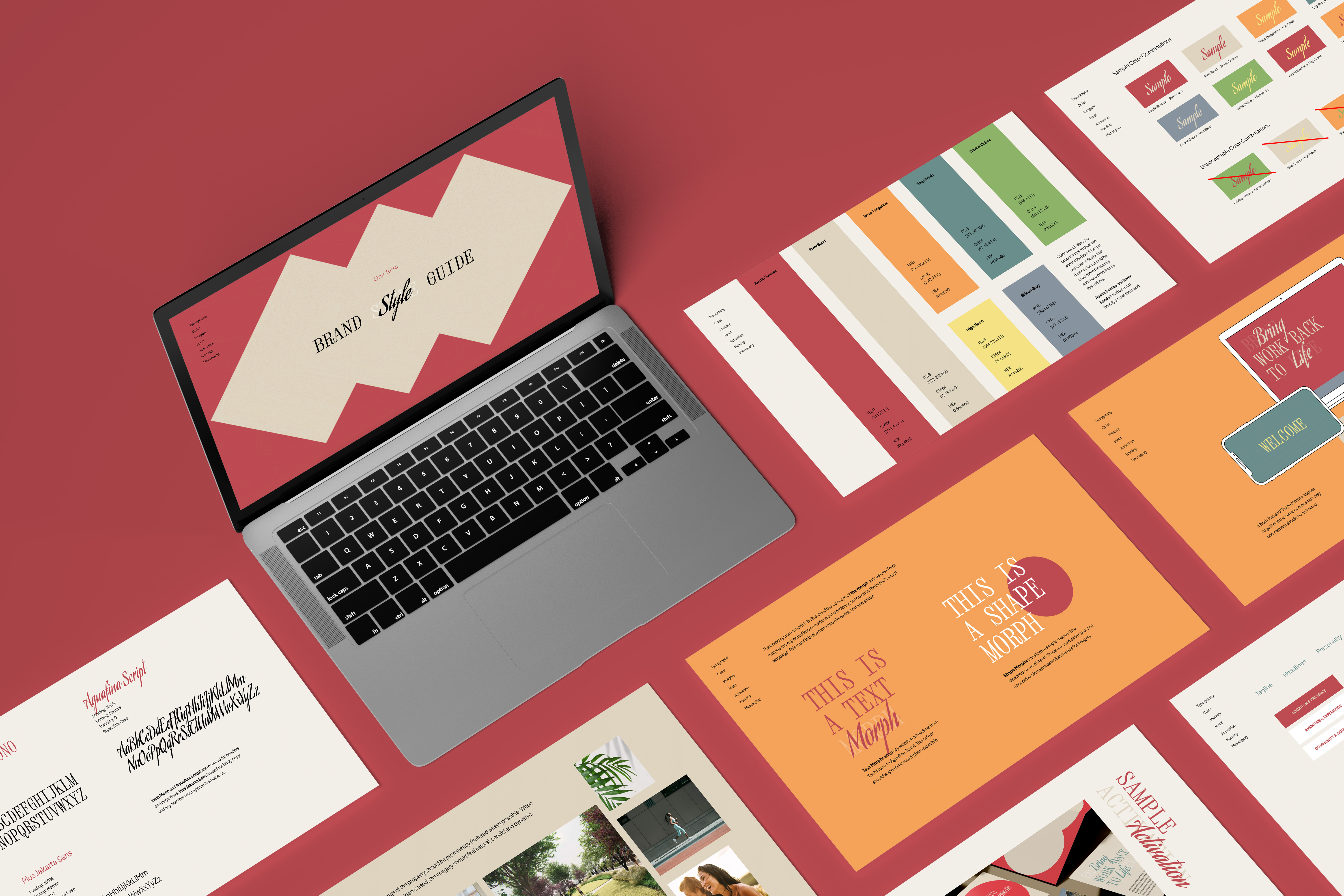Laptop displaying brand style guide with design elements spread on red background