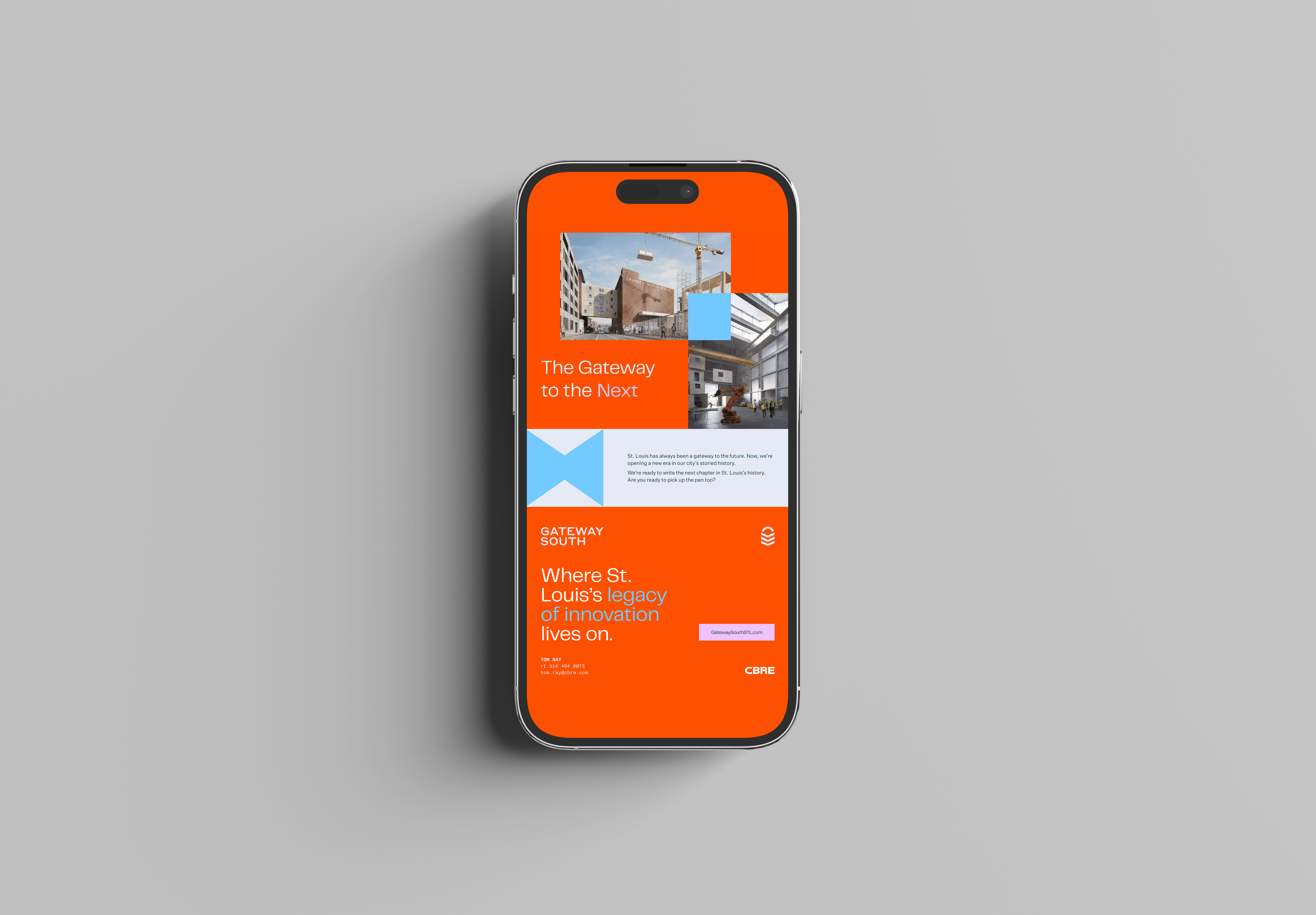 Phone displaying orange property marketing app for Gateway South development