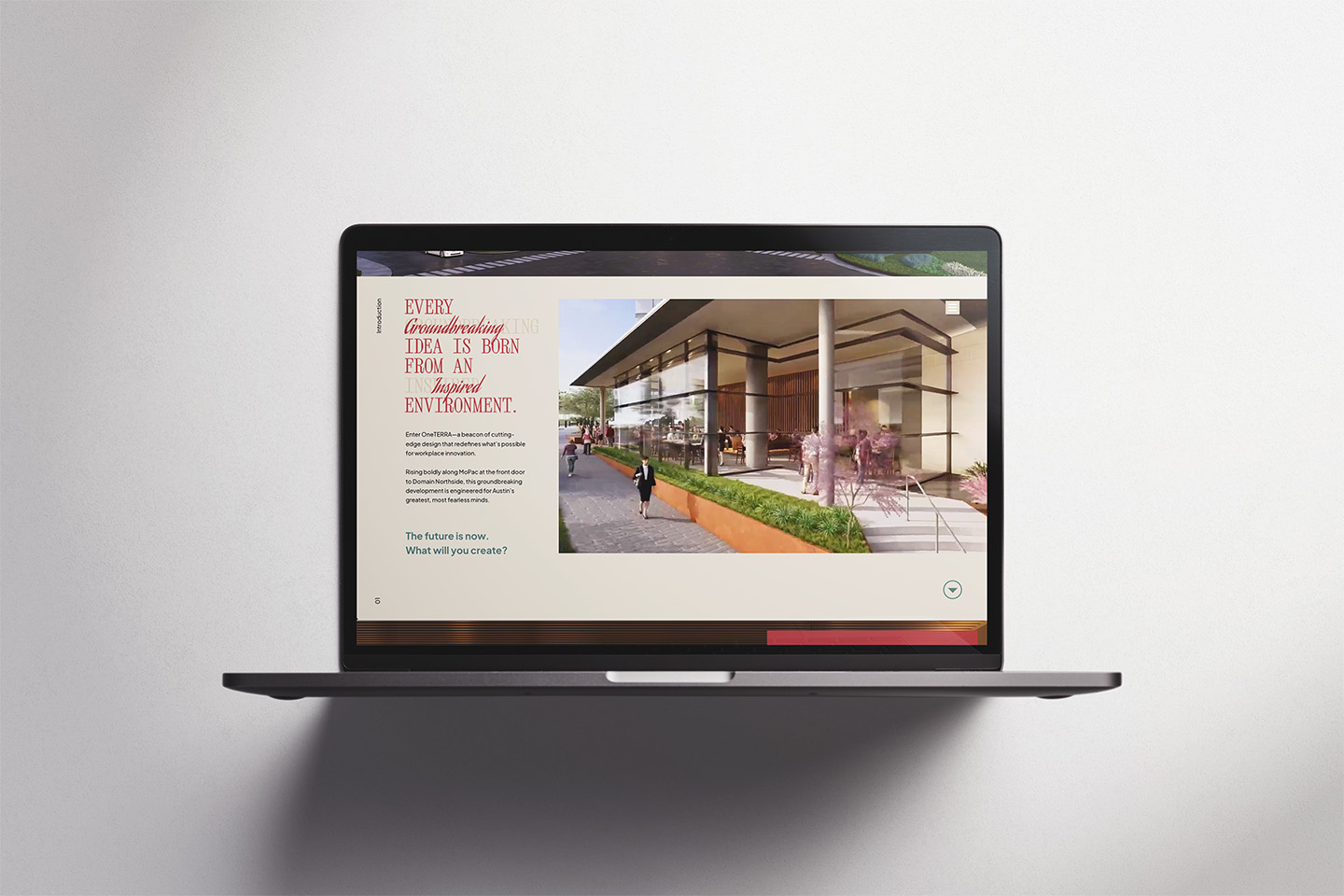 Laptop displaying property website with inspirational text and modern building entrance design