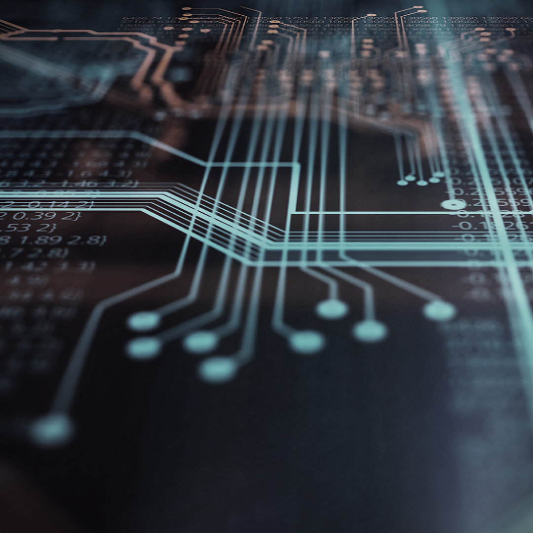 Stylized circuit board graphic illustrating data-driven decisions and technological innovation in CRE.