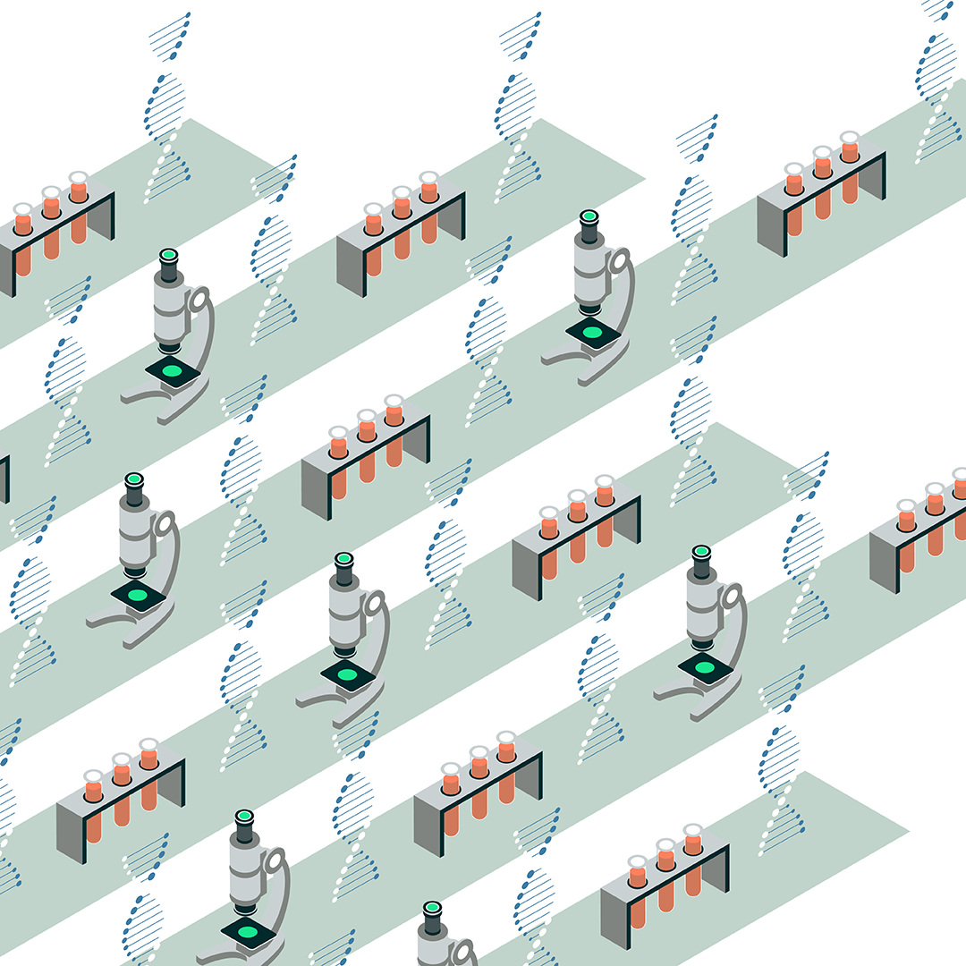 Isometric illustration of microscopes and test tubes, suggesting scientific research in a laboratory setting.
