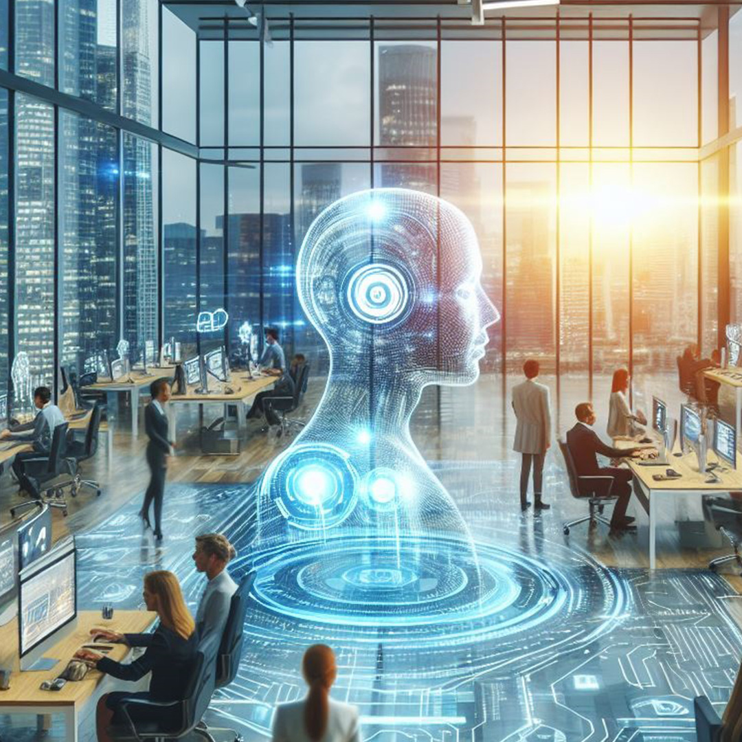 A digital rendering of a modern office space with people working.