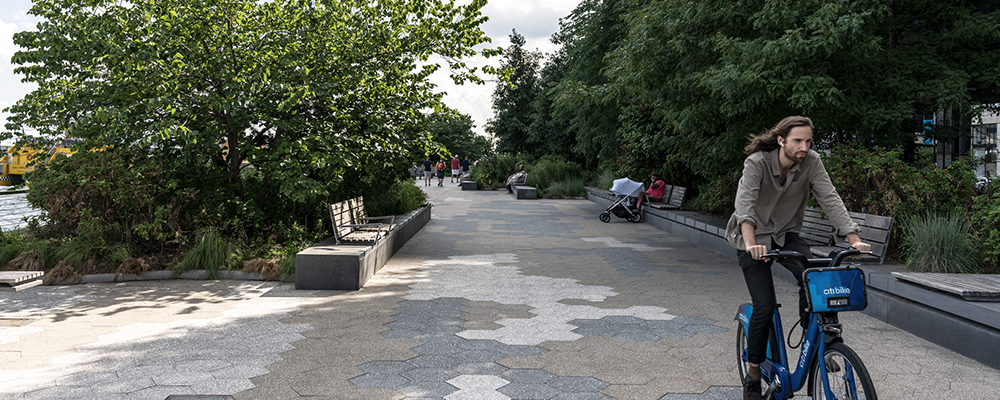 Image of a person riding a bike through a park