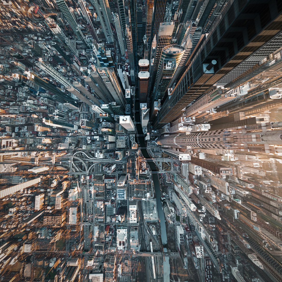 Looking down on a city.