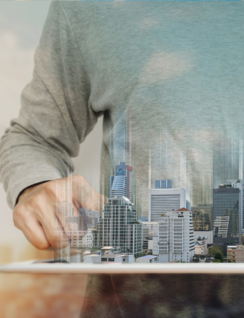 image composition of man with cityscape