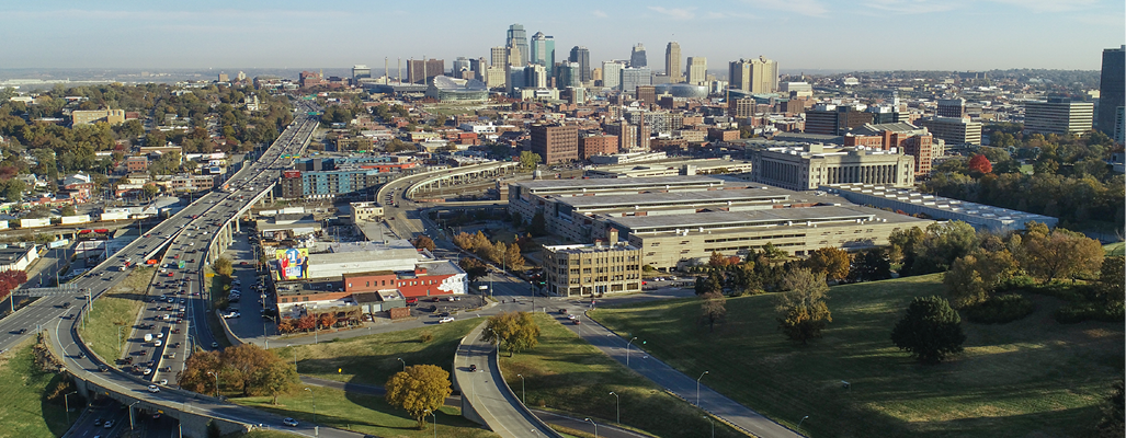 Aerial view of city and highway