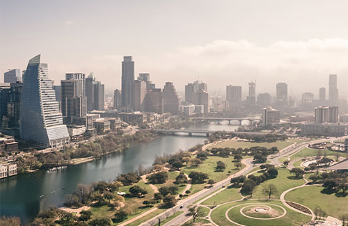 Aerial view of Austin at dawn