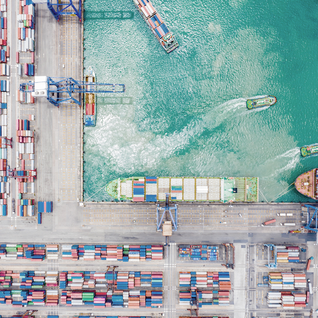 Aerial view of port with ships