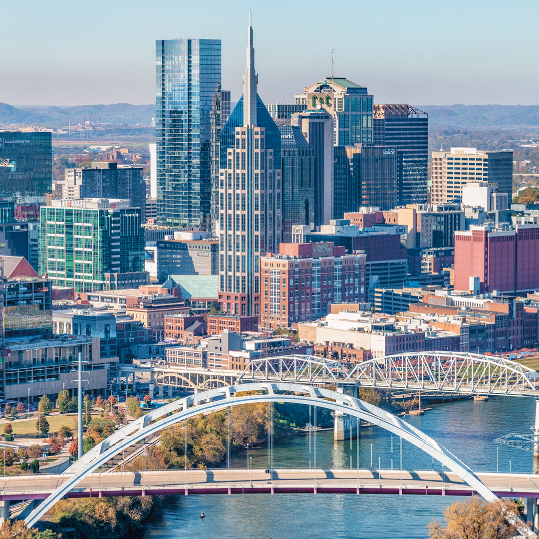 Aerial view of city skyline and bridges