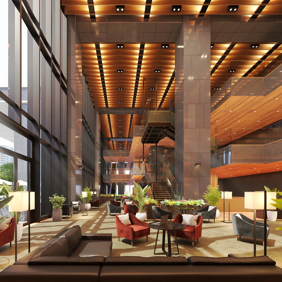 Modern lobby of a commercial building featuring high ceilings, comfortable seating, and large windows. Ideal for businesses seeking upscale office space.