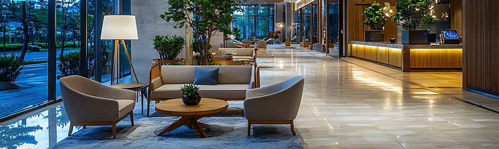 Modern lobby with contemporary seating and a reception desk, showcasing high-end finishes and an inviting atmosphere for commercial real estate.