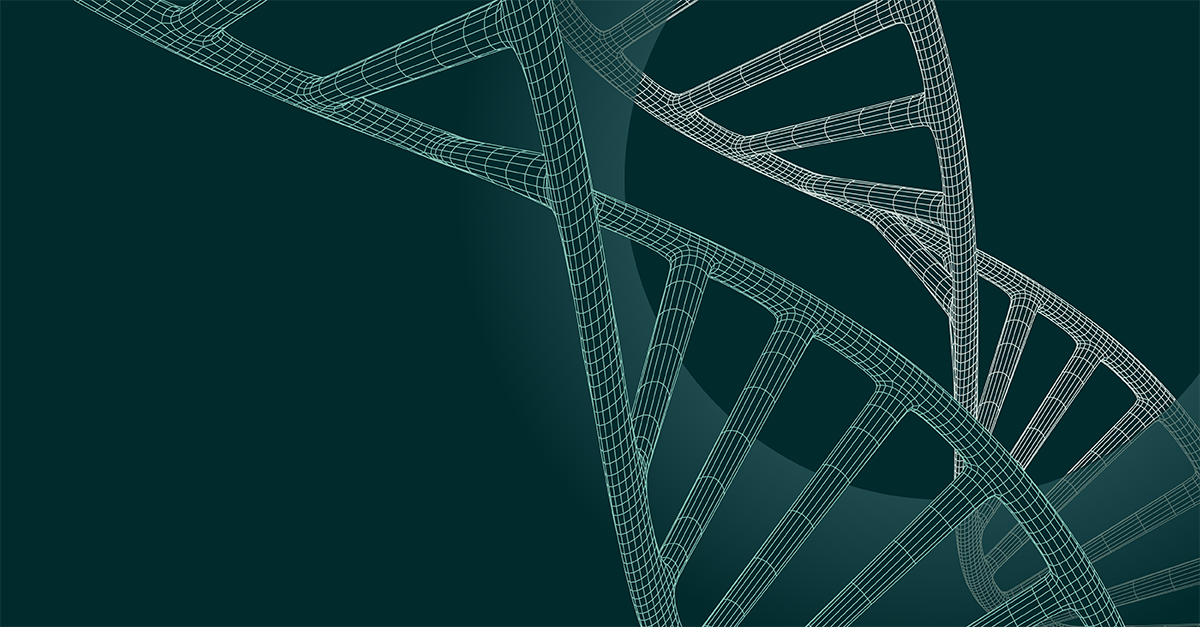 Graphic representation of a DNA double helix in a wireframe style.