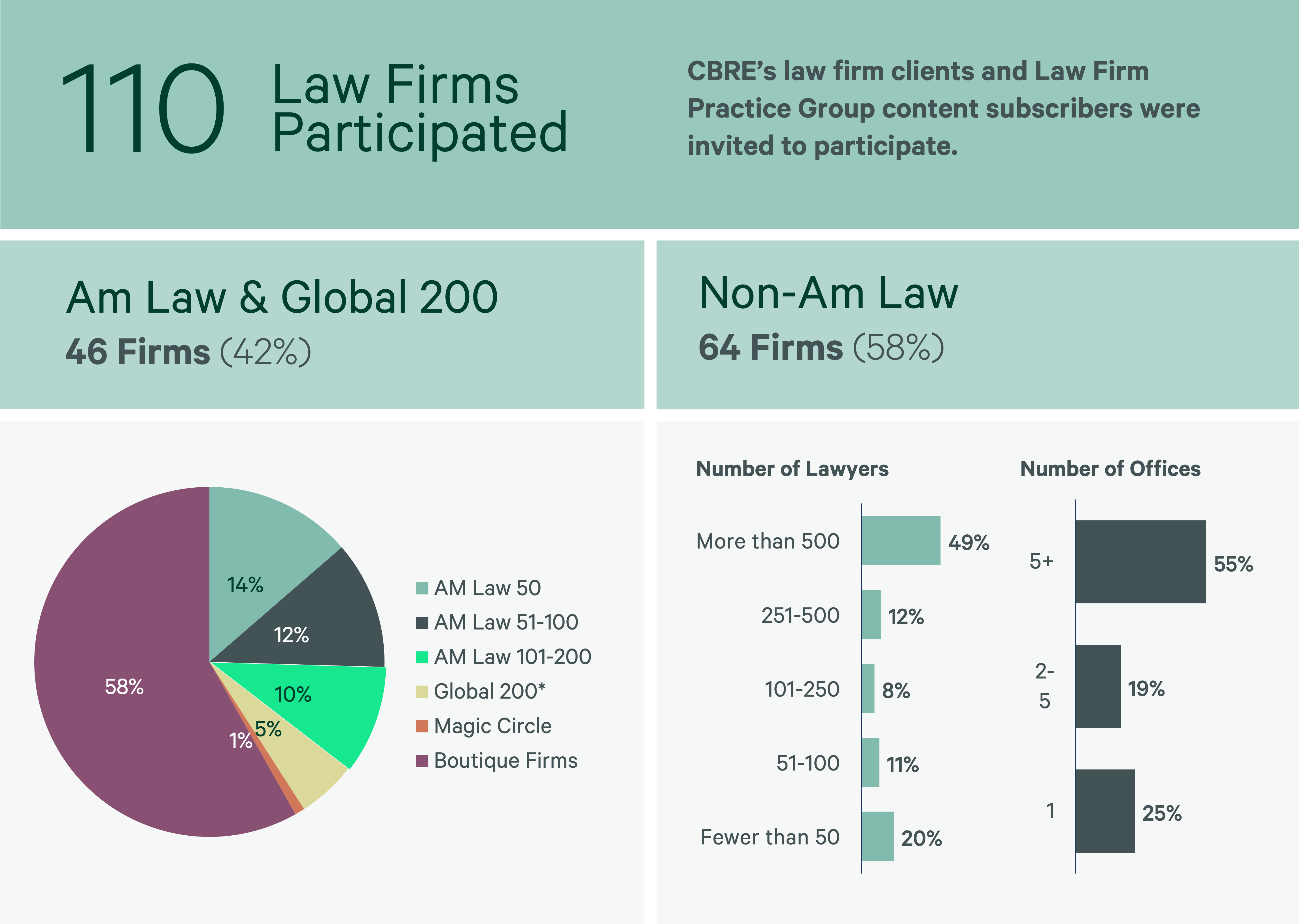 Bar and pie chart visualizing 110 participating law firms' size (lawyers) and office locations.  Am Law and Non-Am Law firms are compared.