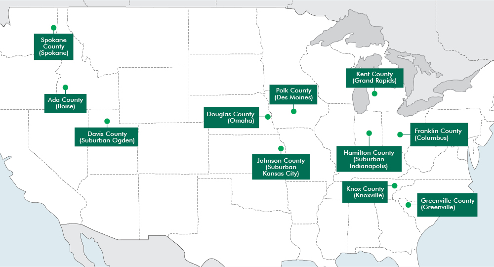 Map of the United States highlighting the most well-positioned markets in this analysis