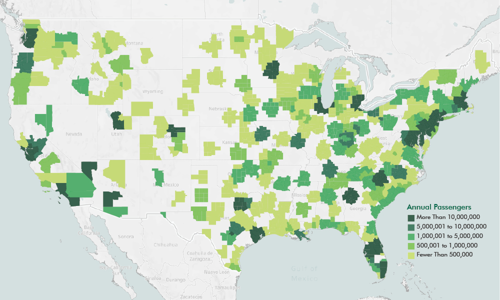 Map of the United States showing Annual Domestic Passengers Served by Airports Within 50 Miles