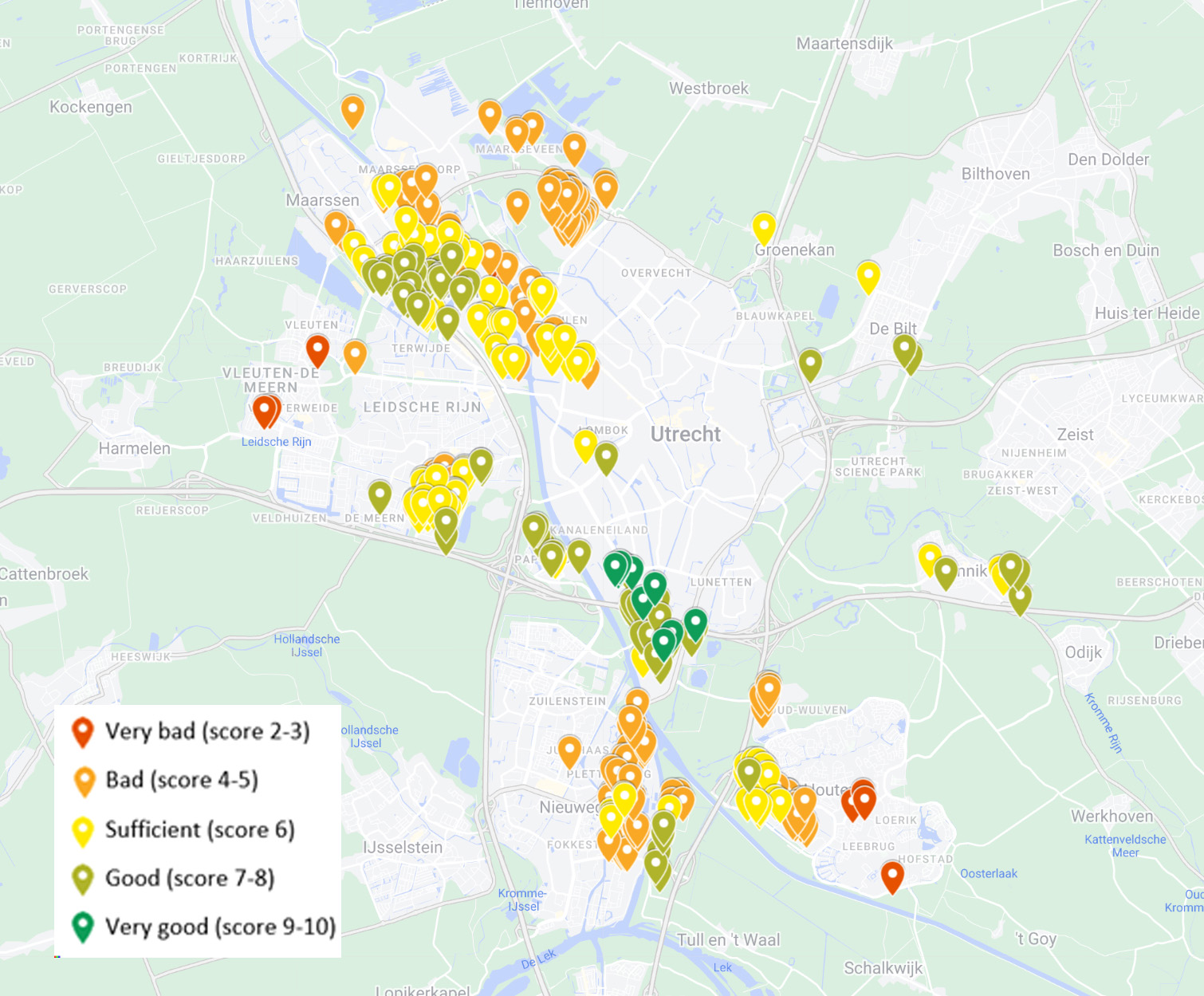 A map of the Utrecht area with scores linked to established locations.