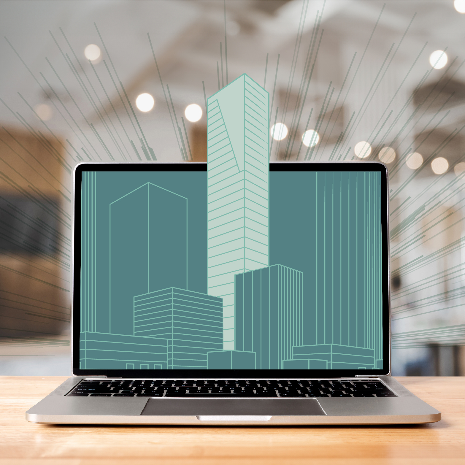 Laptop with a cityscape illustration on the screen.
