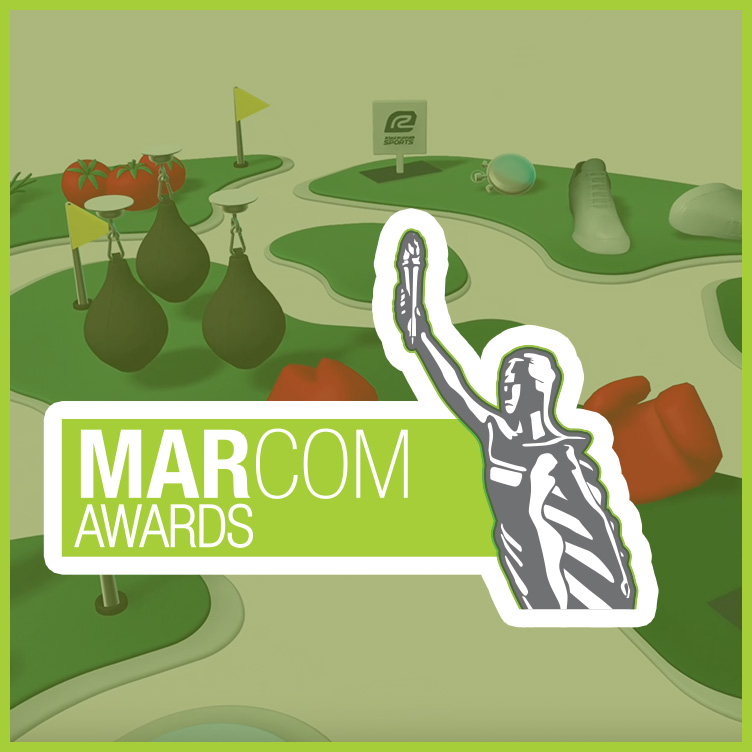 MarCom Awards logo on stylized golf course illustration with pears and tomatoes