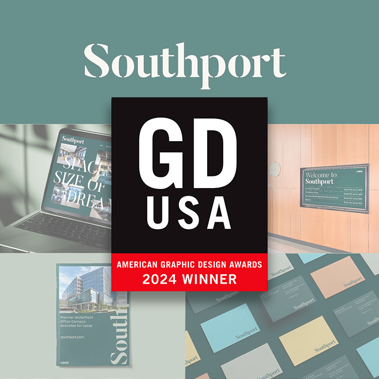 Southport branding collage with GD USA 2024 American Graphic Design Award winner badge