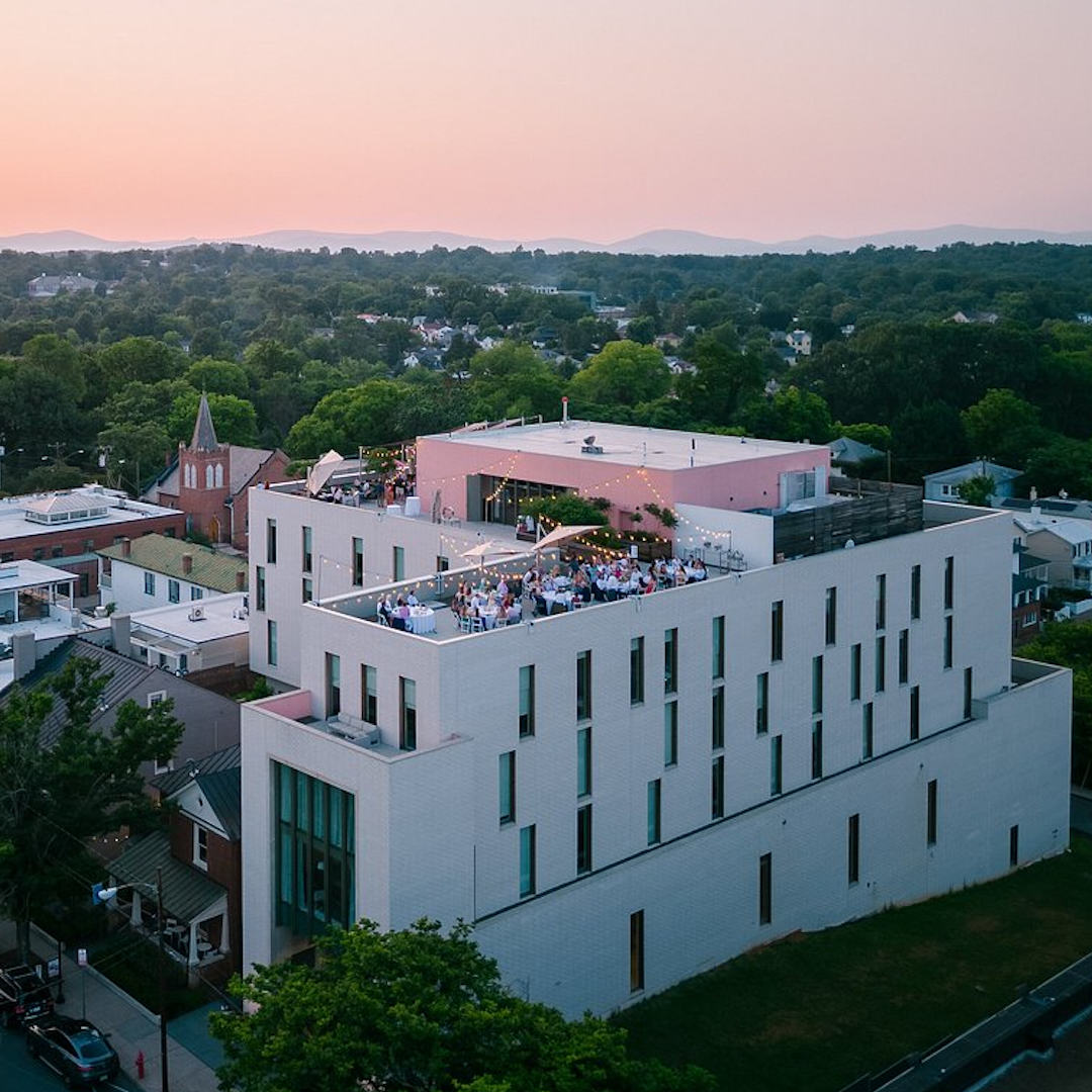 Arial view of the Quirk Hotel at sunset