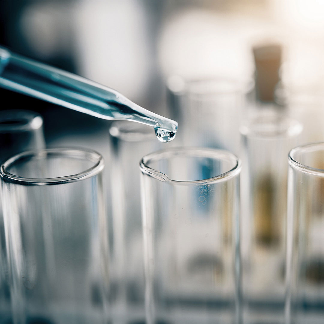 Test tube containing chemical liquid in laboratory, lab chemistry or science research and development.
