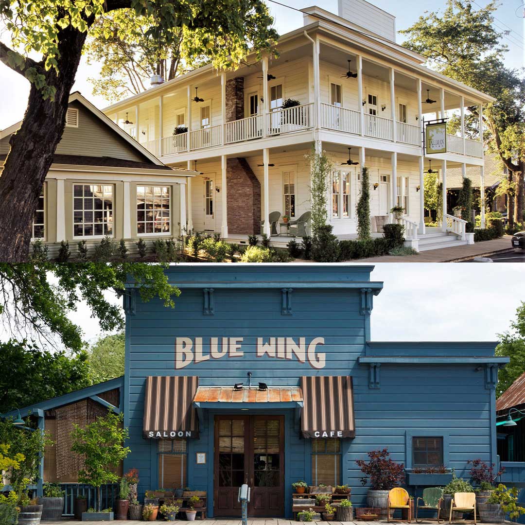 Top photo is exterior of the Tallman Hotel with a wrap around porch. Bottom photo is the Blue Wing Saloon with patio chairs in front.