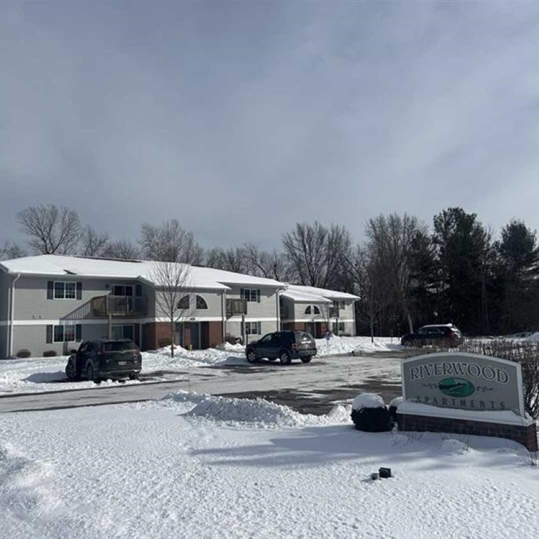 Riverwood Apartments on a snowy day.