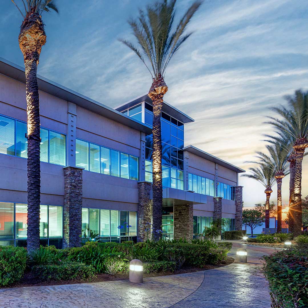 A modern office building with large glass windows and stone accents, surrounded by palm trees. The building is lit with blue lights, and the sky is transitioning from dusk to night. A pathway lined with greenery and ground lights leads to the entrance.