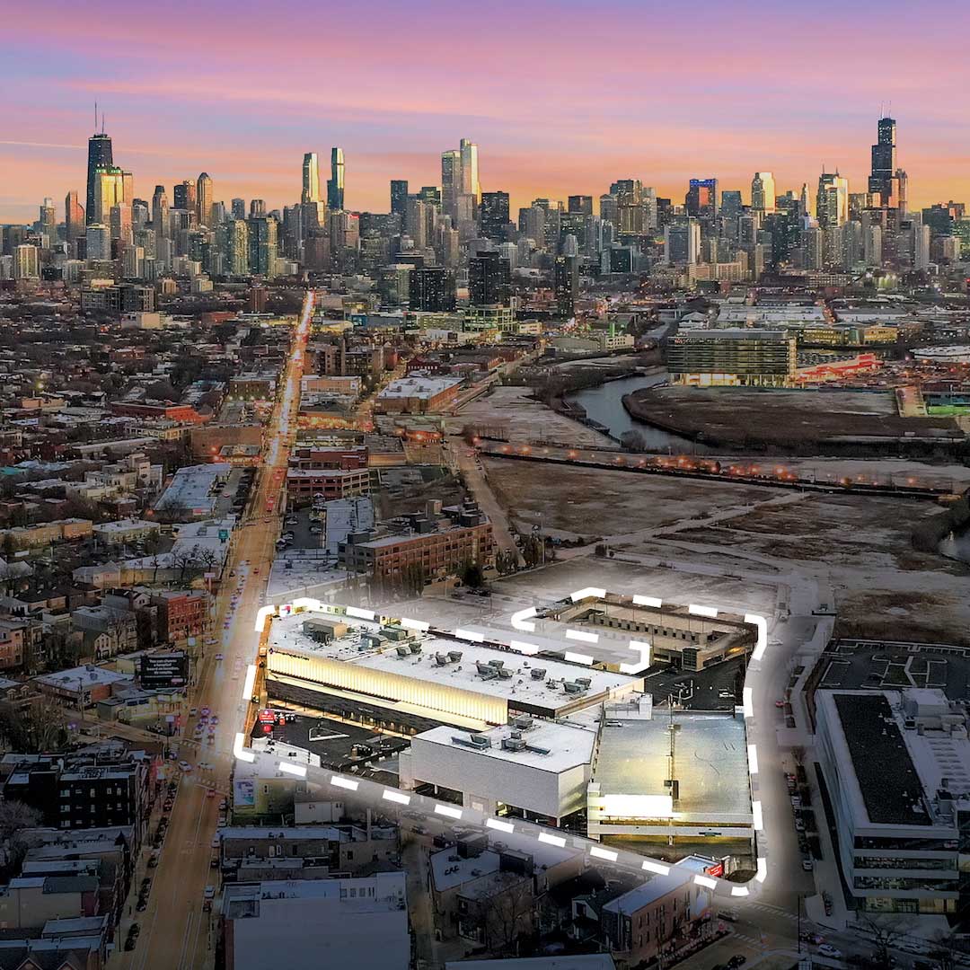 An evening arial shot of Chicago with the outline of Webster Place outlined and highlighted