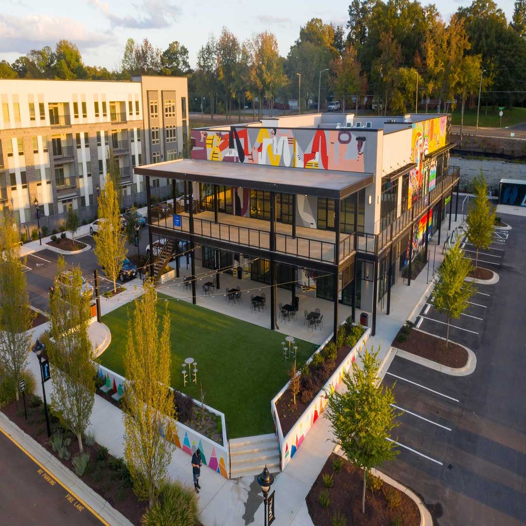 Exterior of building with lawn in front