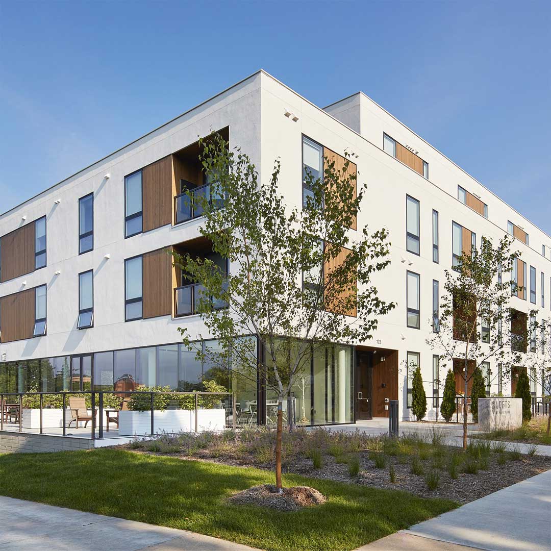 A white apartment complex