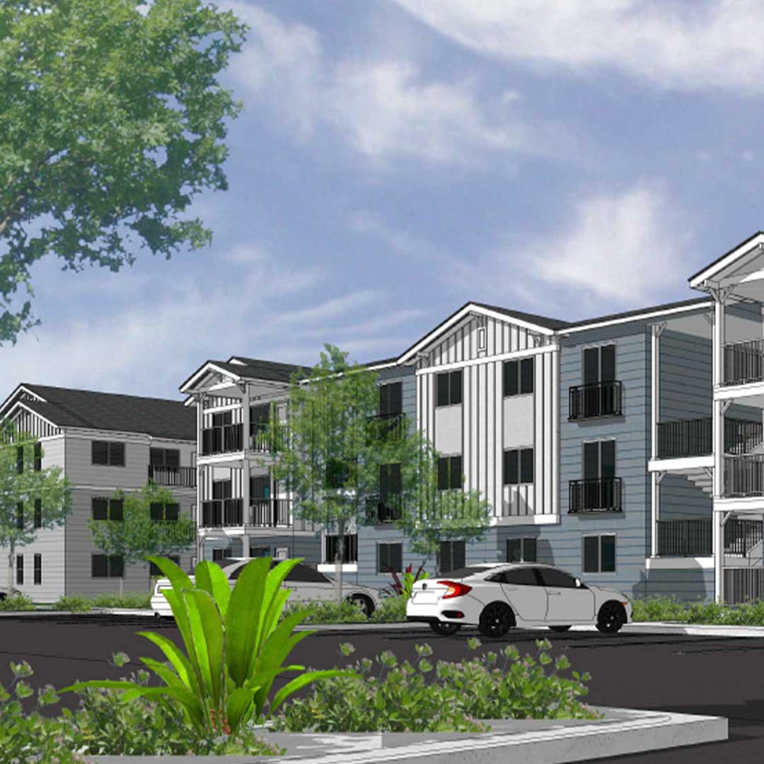 Rendering of Cypress Apartment buildings with trees lining the sidewalk.