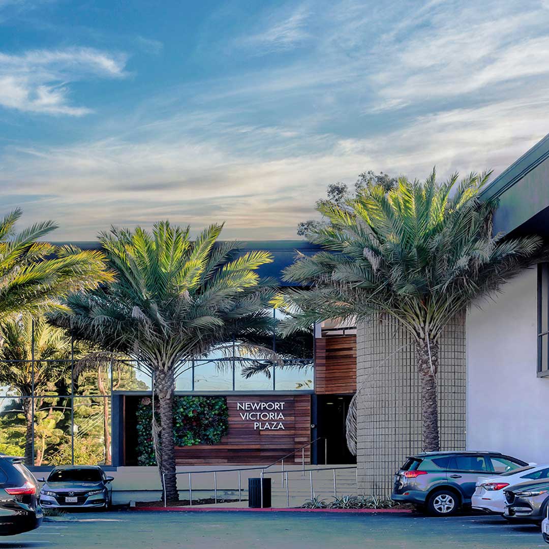 Entrance to a building framed by lush palm trees, creating a welcoming and tropical atmosphere.